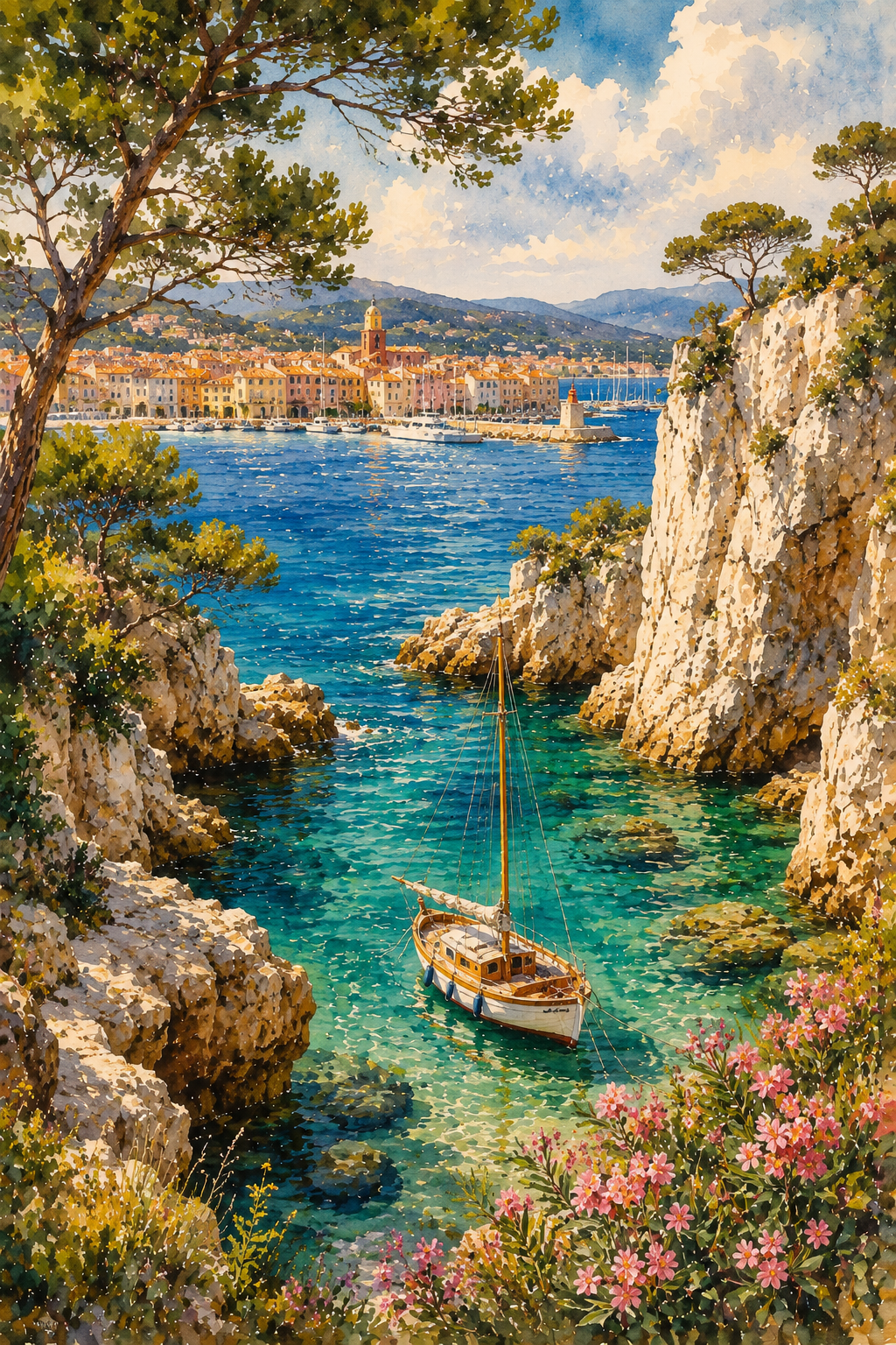 Côte d'Azur art print — watercolour destination wall art detail