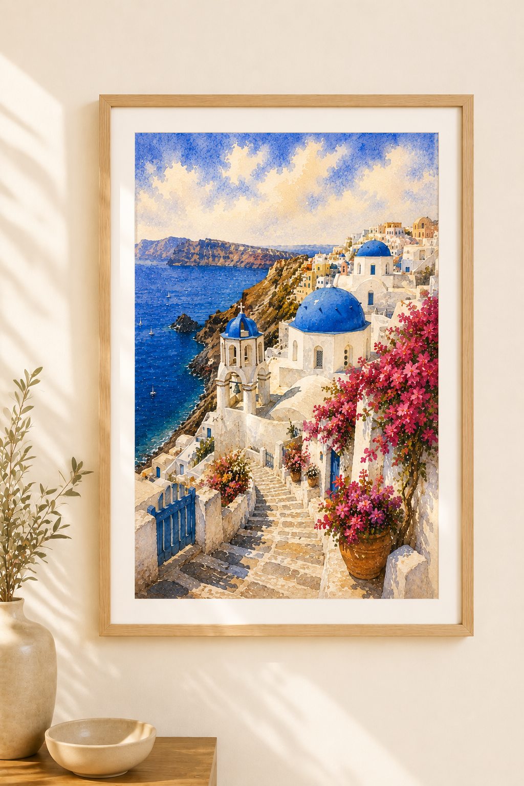 Santorini watercolour print — original wall art by Sundays In Tuscany