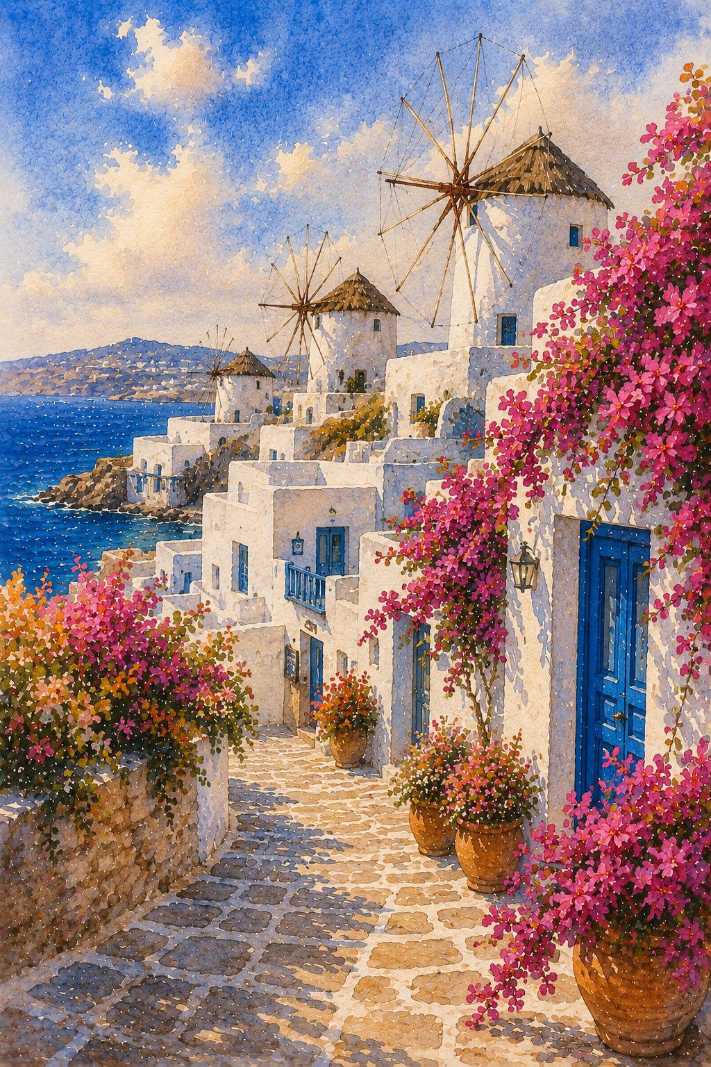 Mykonos art print — watercolour destination wall art detail