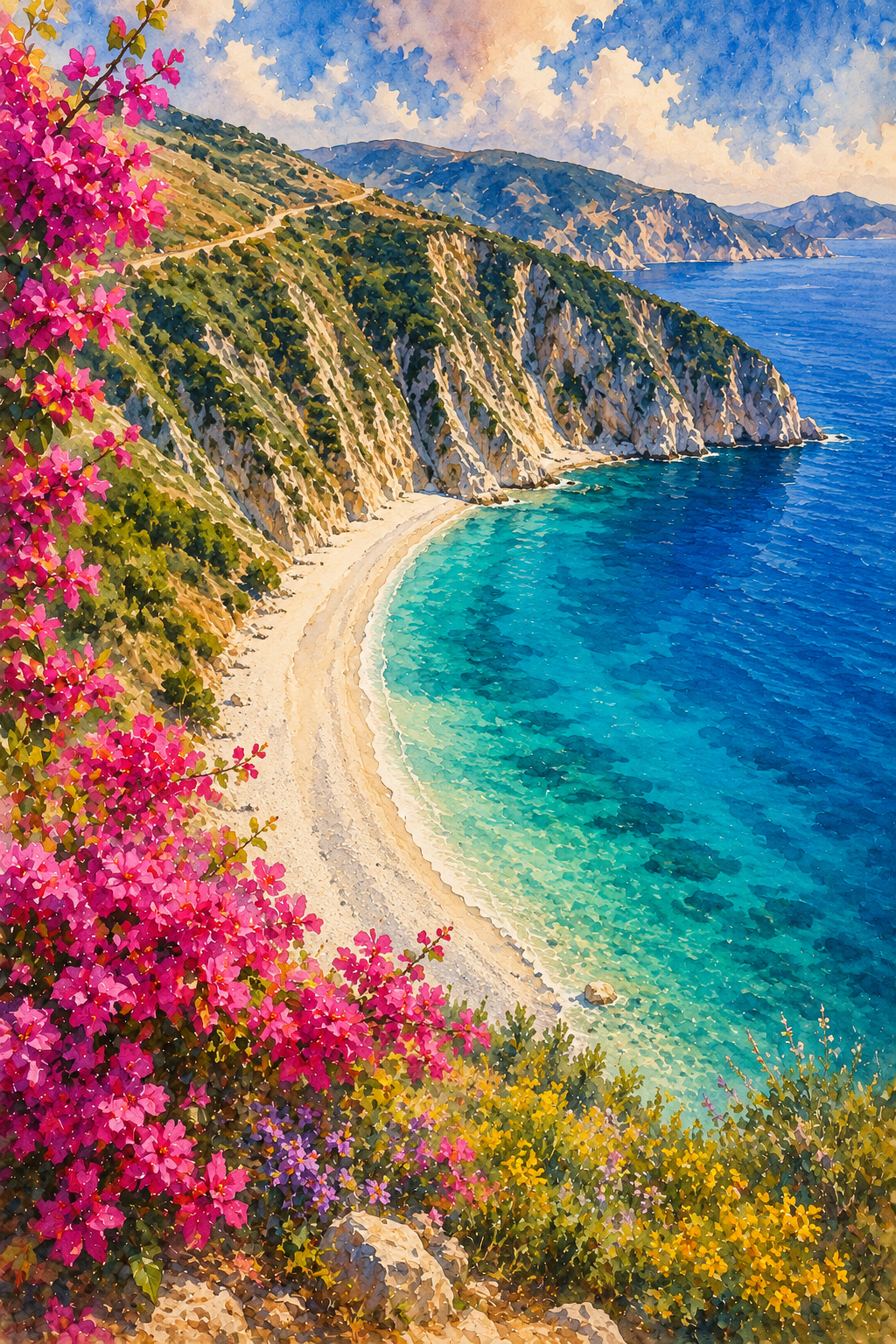 Kefalonia art print — watercolour destination wall art detail