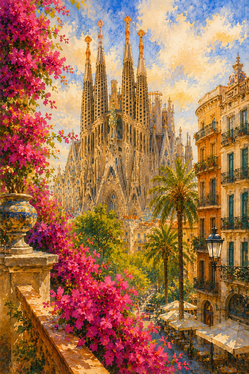 Barcelona art print — watercolour destination wall art detail