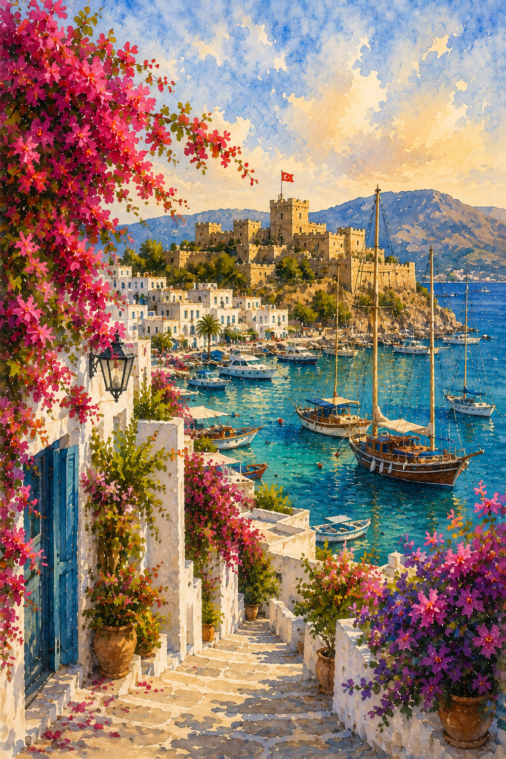 Bodrum art print — watercolour destination wall art detail