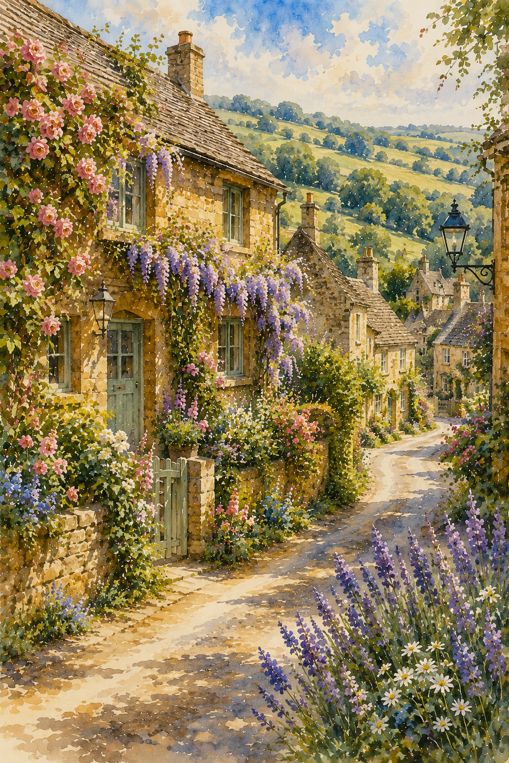 Cotswolds art print — watercolour destination wall art detail