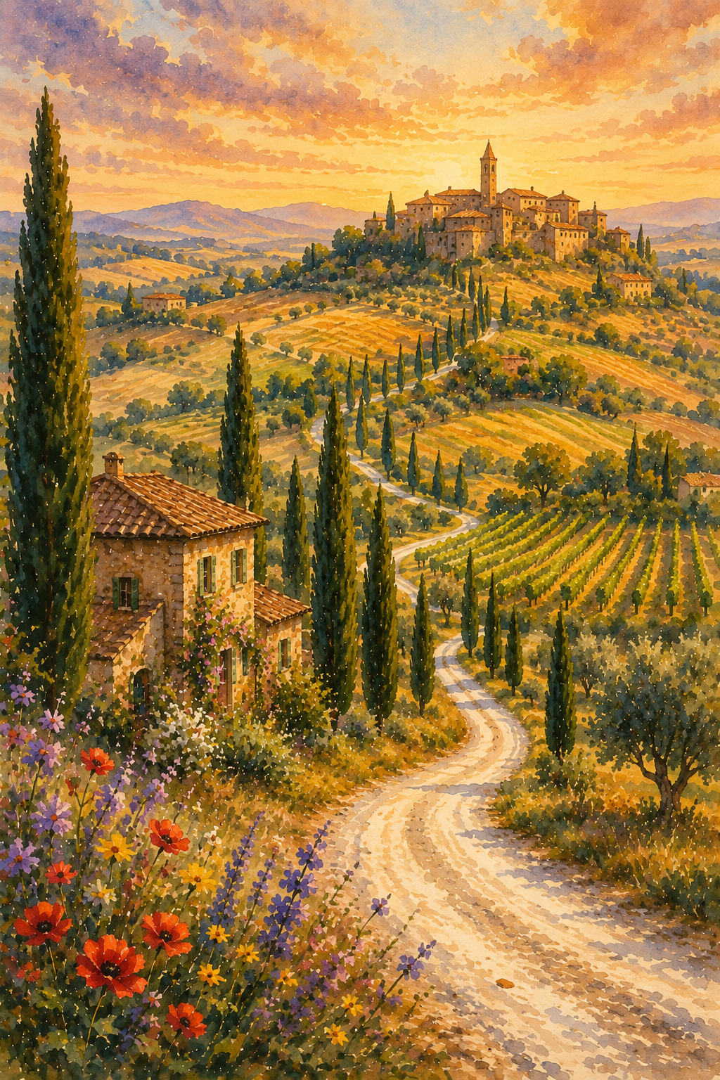 Val d'Orcia art print — watercolour destination wall art detail