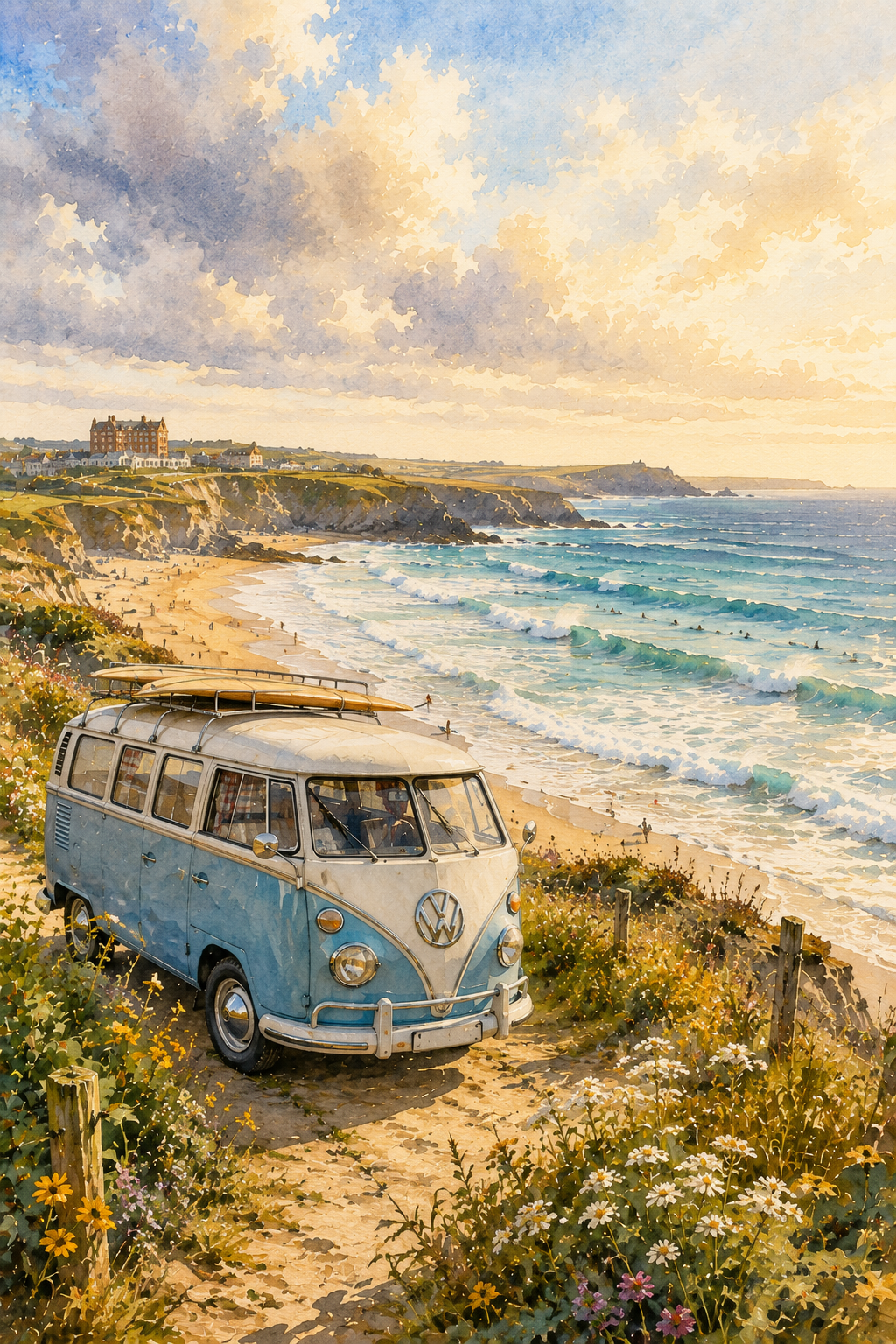 Fistral Beach art print — watercolour destination wall art detail