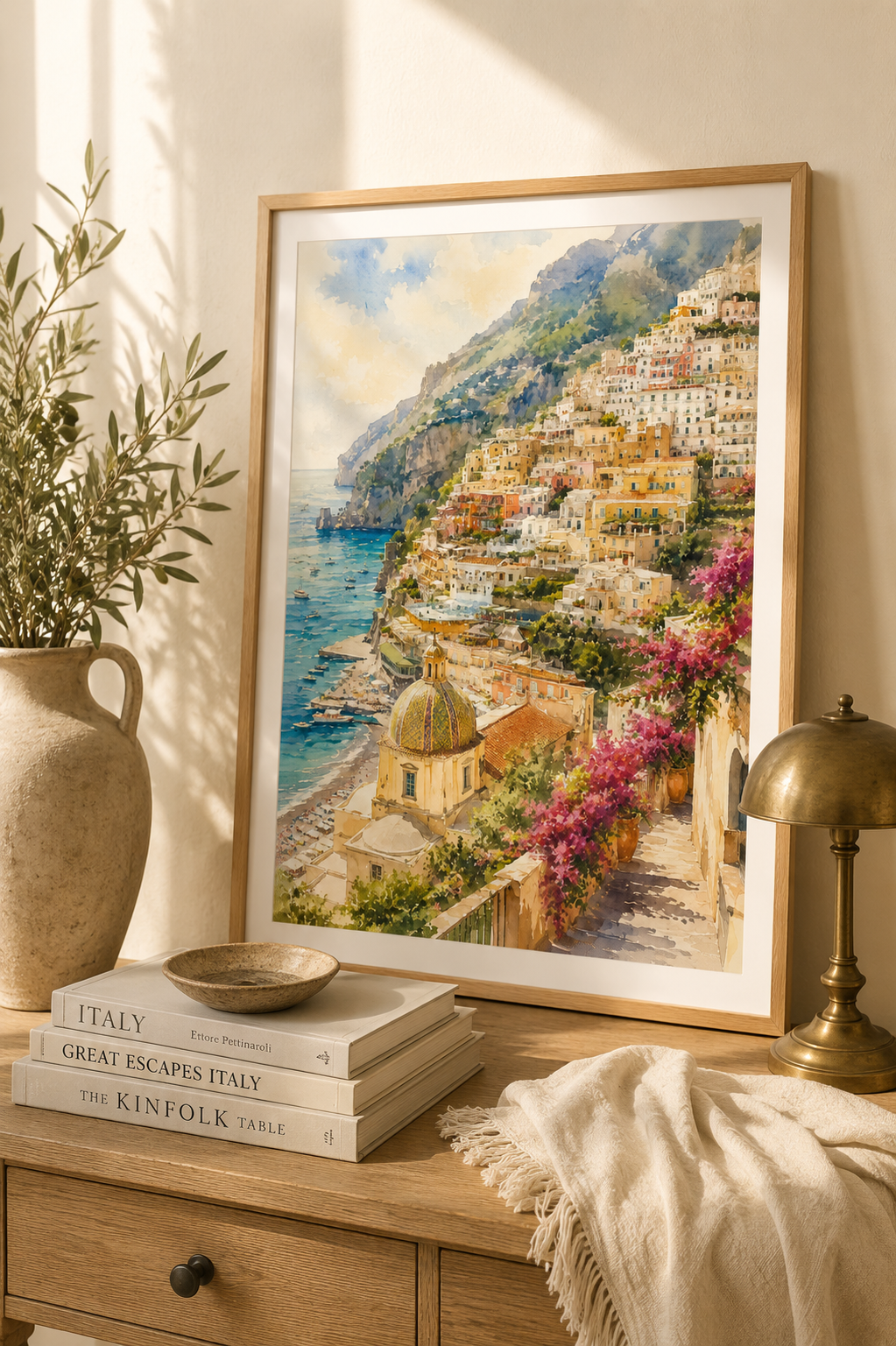 Positano watercolour print in white frame — wall art mockup