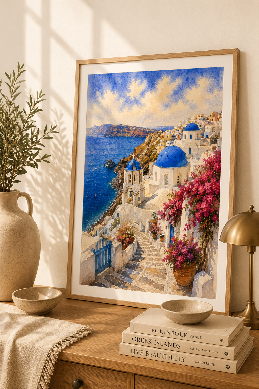 Santorini watercolour print in white frame — wall art mockup