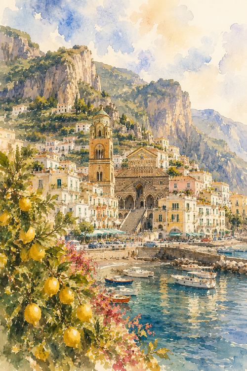 Amalfi art print — watercolour destination wall art detail