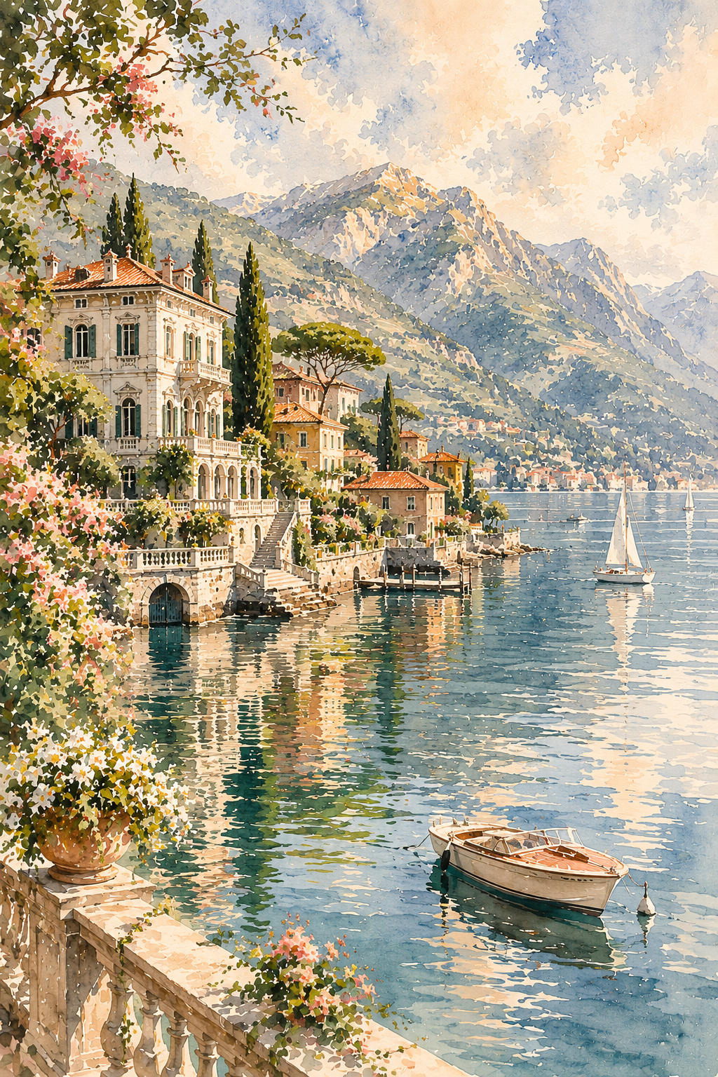 Lake Como art print — watercolour destination wall art detail