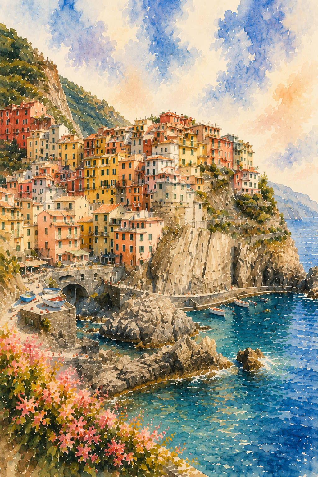 Cinque Terre art print — watercolour destination wall art detail